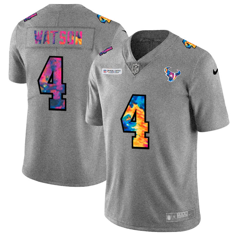 NFL Houston Texans 4 Deshaun Watson Men Nike MultiColor 2020  Crucial Catch  Jersey Grey